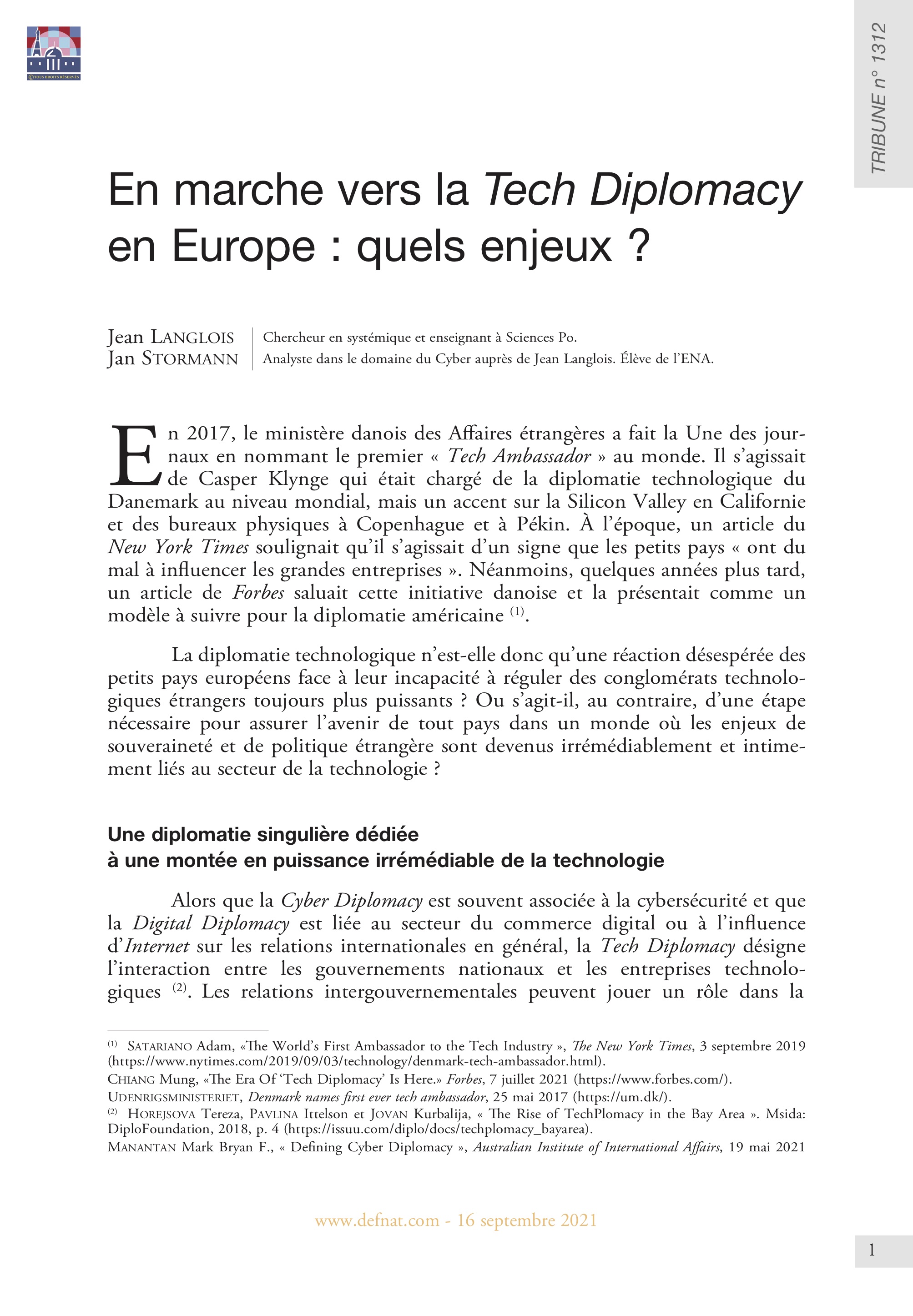 En marche vers la Tech Diplomacy en Europe : quels enjeux ? (T 1312)
